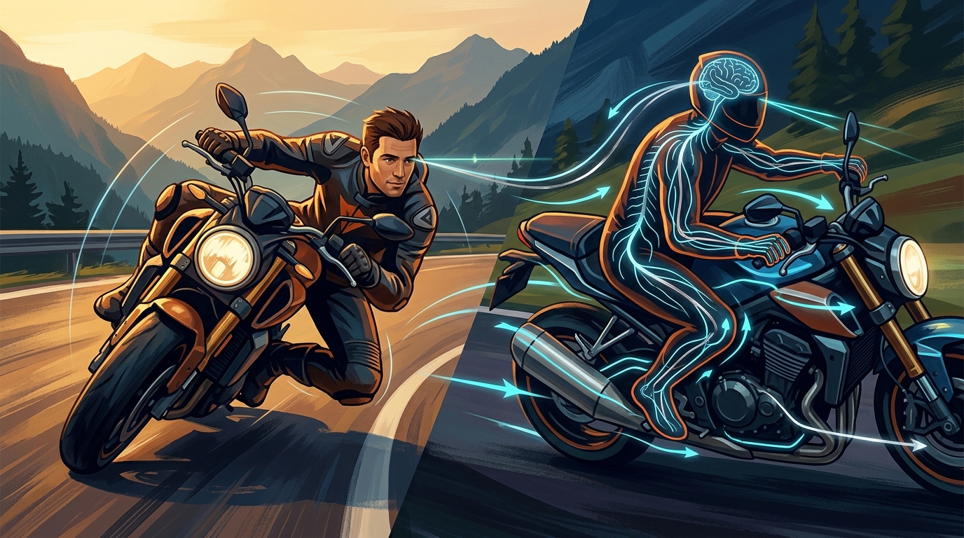 Fahrer und Motorrad als verschmolzene Einheit