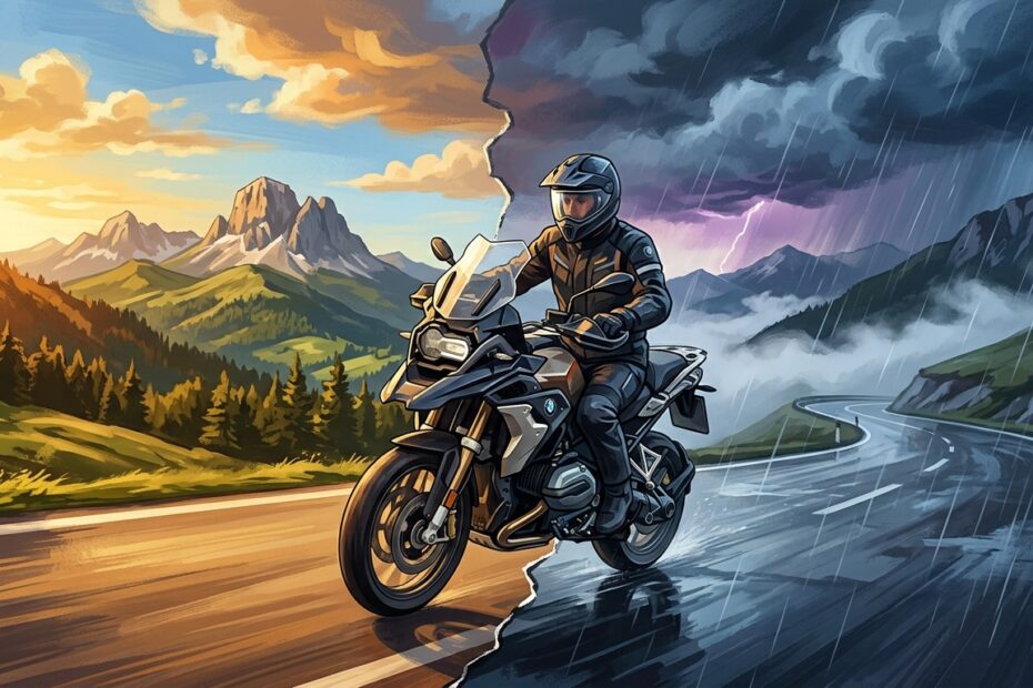Motorradfahrer durchfährt Wetterwechsel