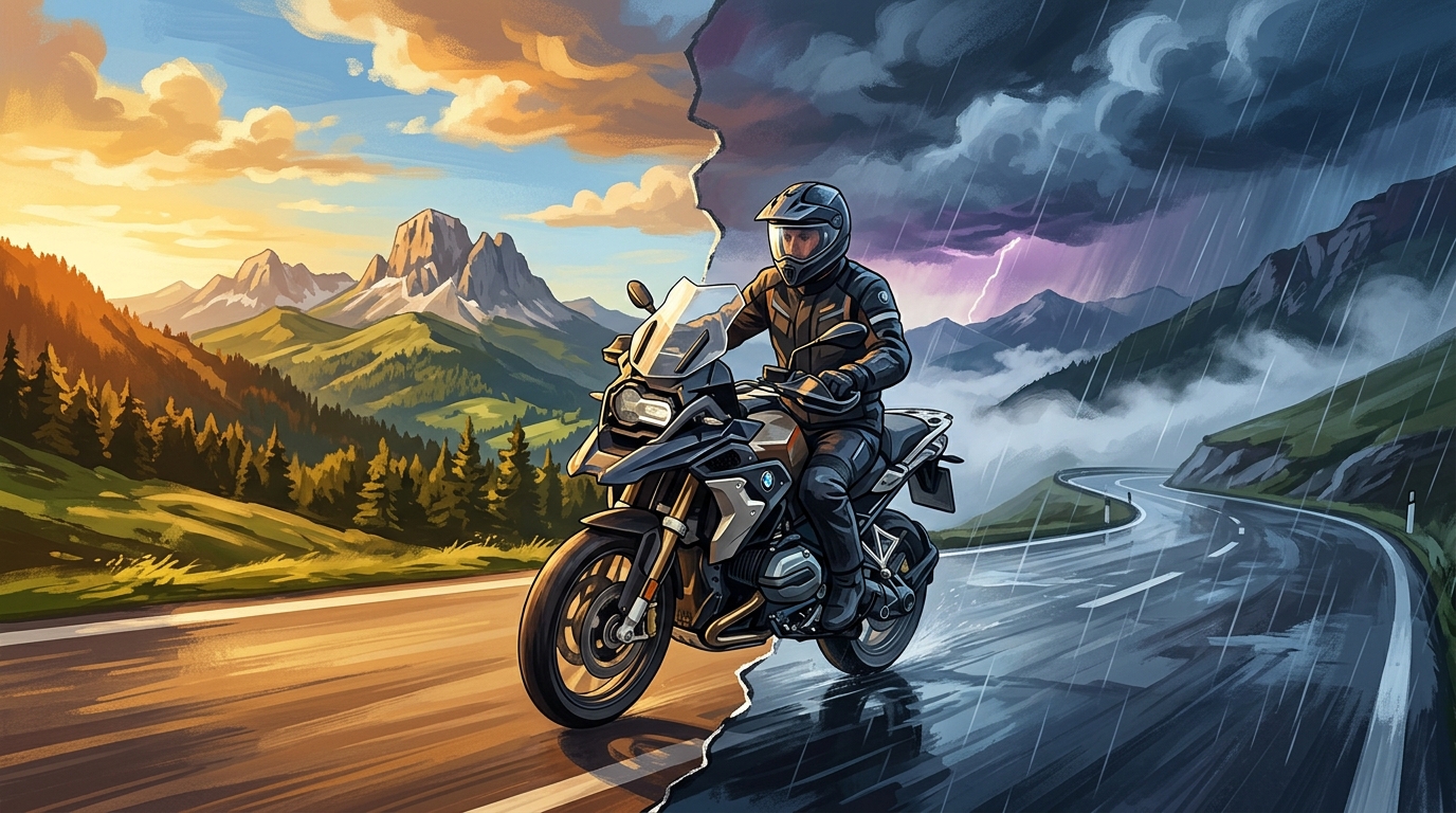 Motorradfahrer durchfährt Wetterwechsel