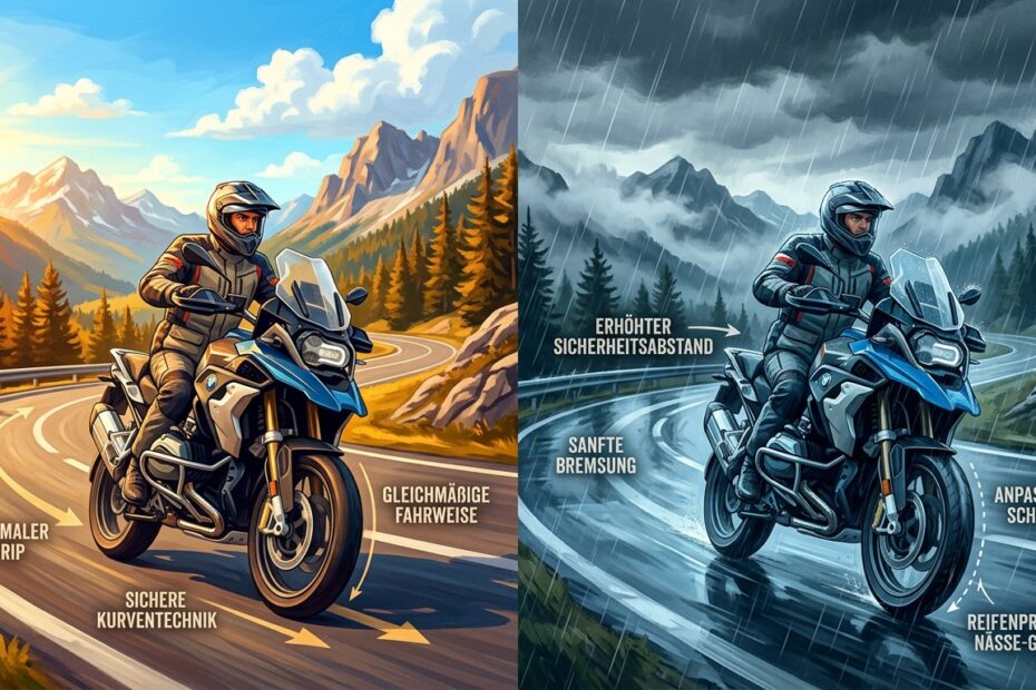 Motorradfahrer meistert wechselnde Wetterbedingungen