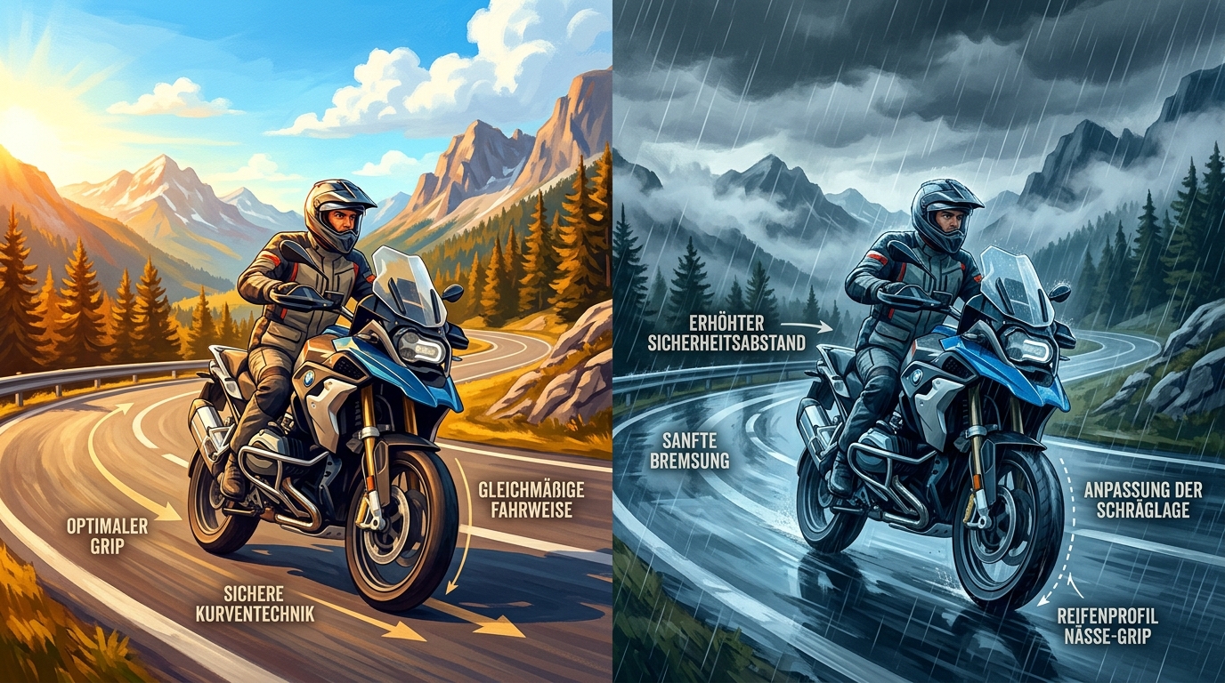 Motorradfahrer meistert wechselnde Wetterbedingungen