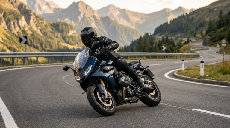 Motorradfahrer in Kurvenfahrt-Position