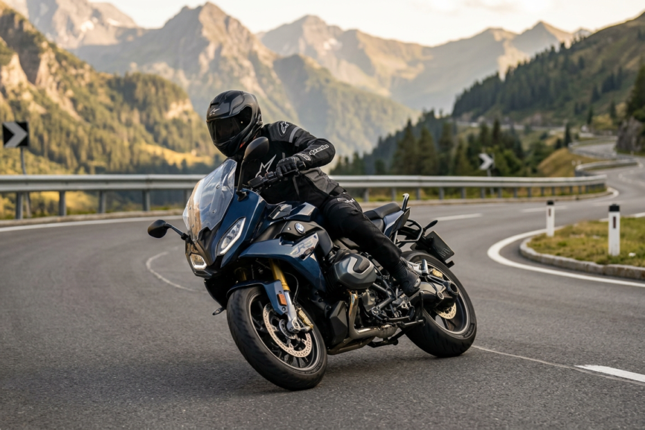 Motorradfahrer in Kurvenfahrt-Position