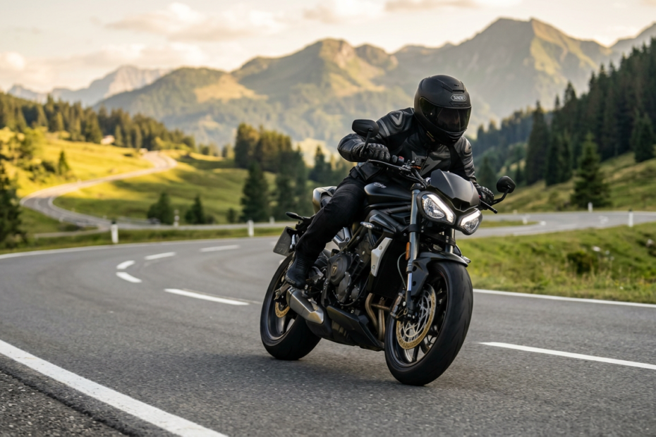 Motorradfahrer in Linkskurve mit Knieschluss