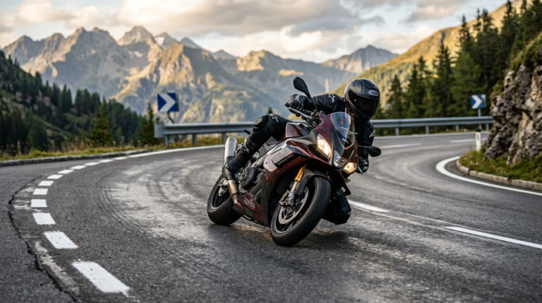 Motorradfahrer in enger Kurve mit Elektronik-Eingriff