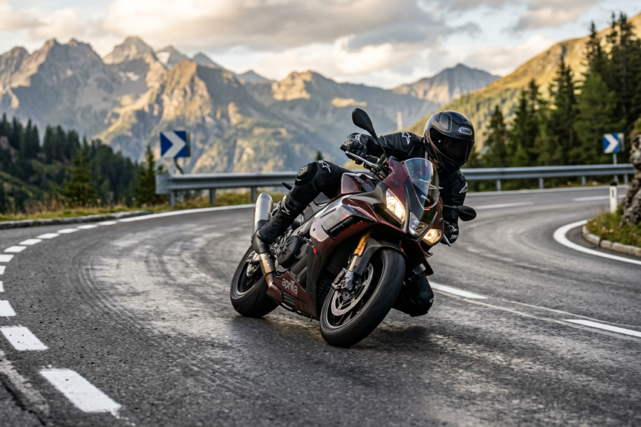 Motorradfahrer in enger Kurve mit Elektronik-Eingriff